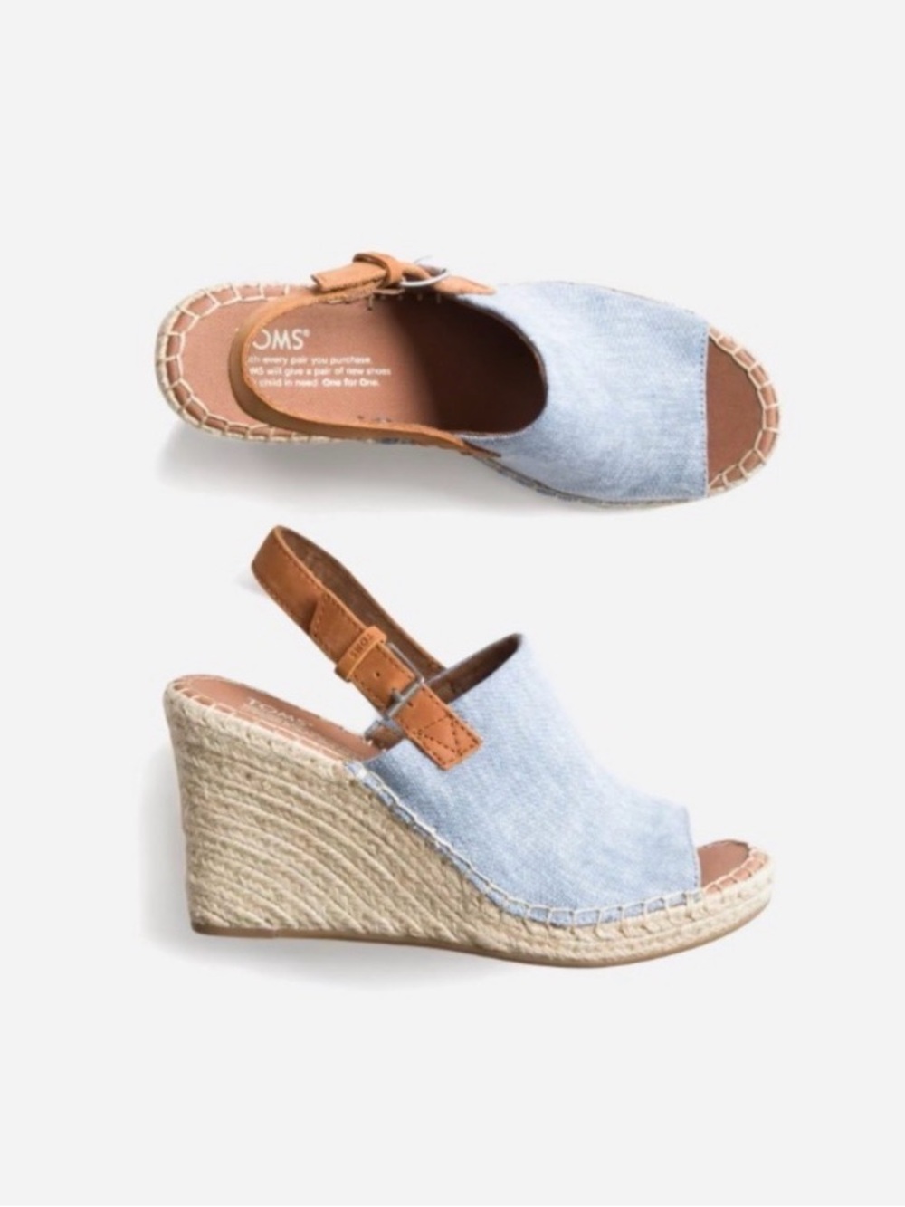 Toms Light Blue Denim Espadrille Wedge Sandals with Tan Sling